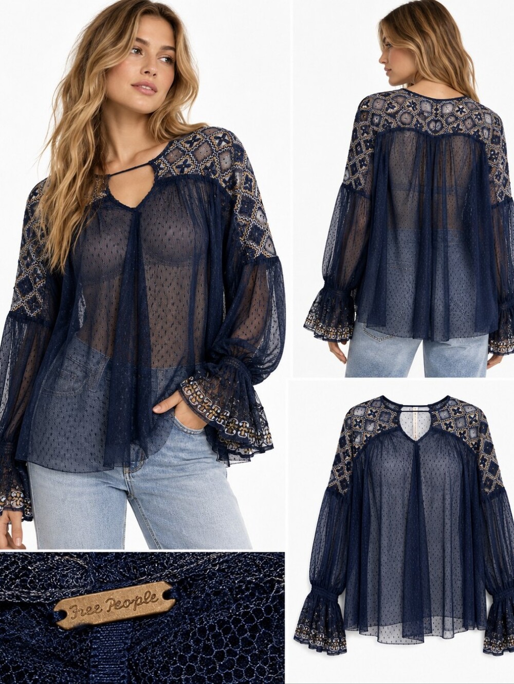 Free People Navy Blue Sheer Embroidered Boho Blouse XS Relaxed/oversized Fit
